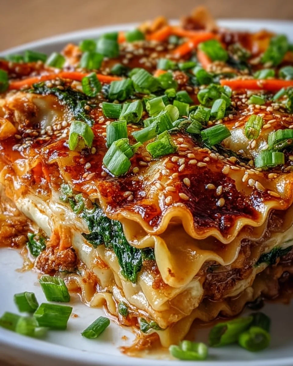 Delicious Asian Dumpling Lasagna layered with savory fillings and sauces.