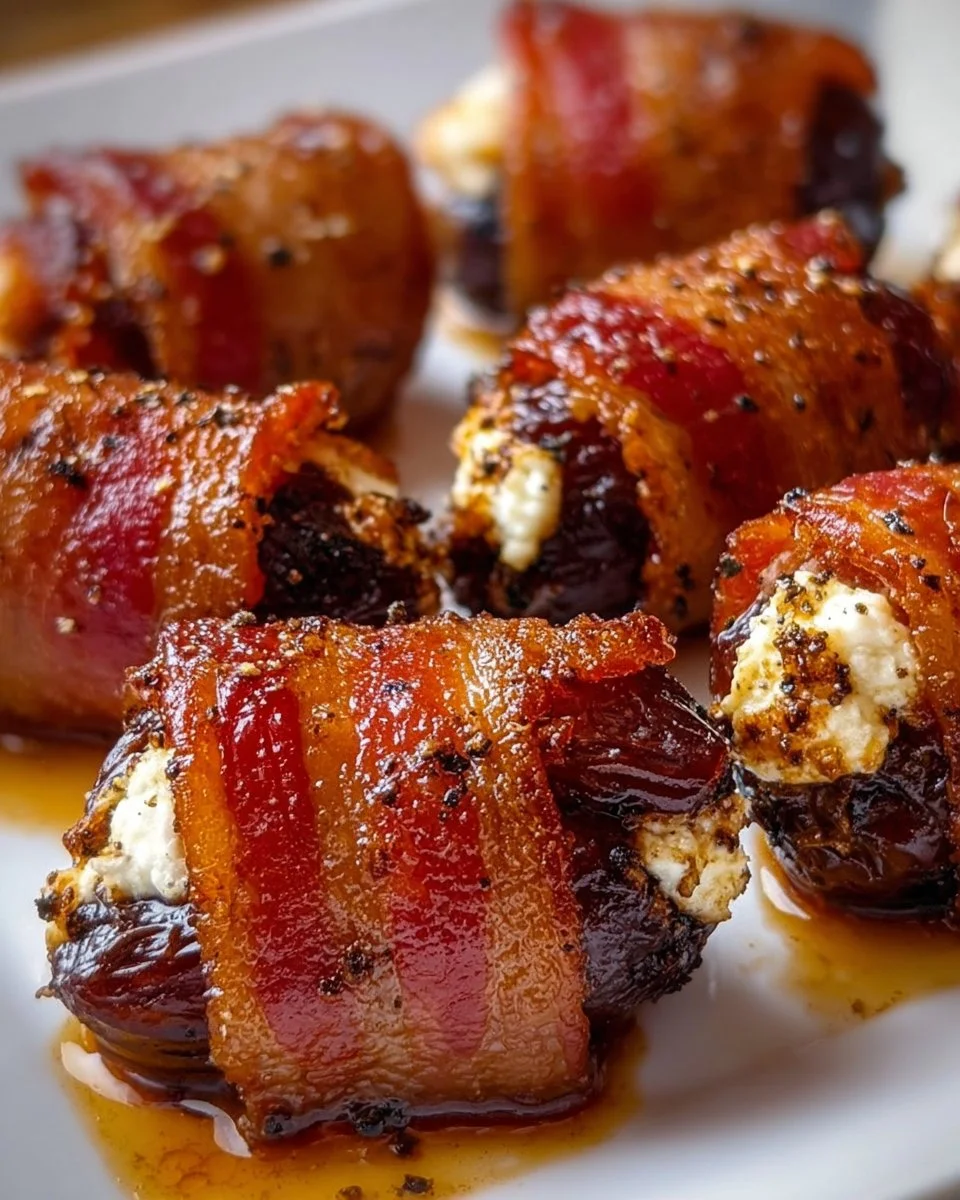 Delicious bacon wrapped dates filled with goat cheese, perfect for appetizers.