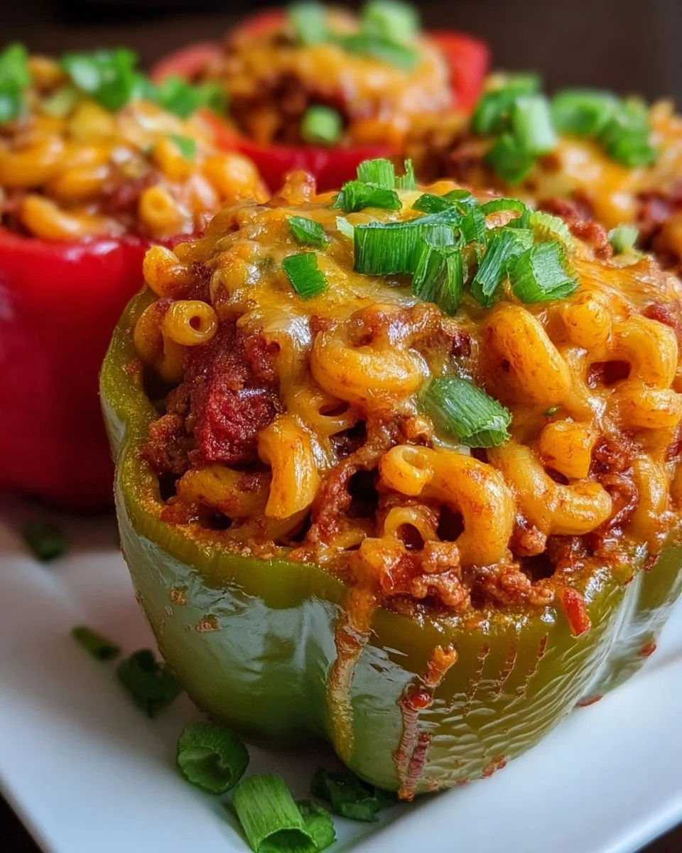 Baked Chili Mac Stuffed Peppers garnished and served on a plate