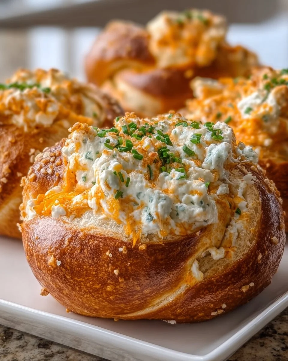 Buffalo Ranch Cream Cheese Pretzel topped with cheese and ranch dressing