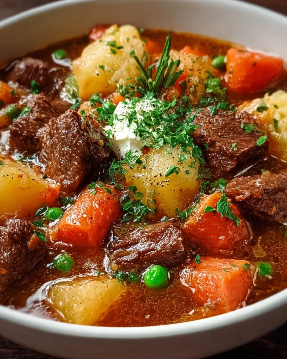 Delicious lightened Irish Beef Stew featuring tender meat and fresh vegetables