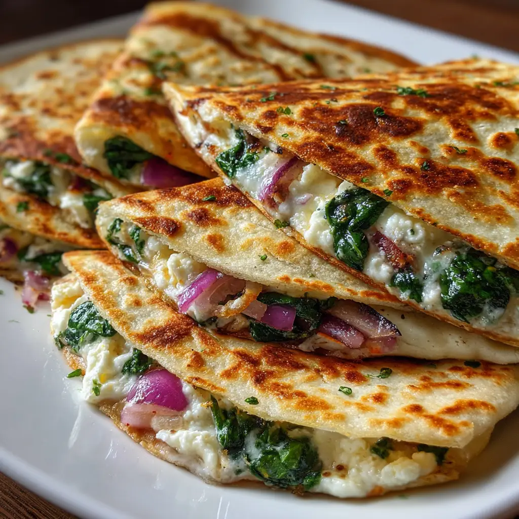 Mediterranean Quesadillas with Spinach, Feta, Mozzarella, and Red Onion