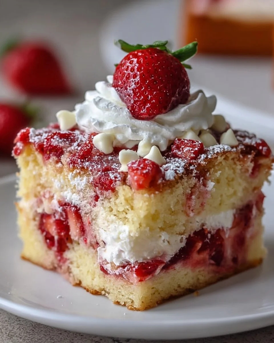 Delicious slice of Strawberry Earthquake Cake with fresh strawberries on top.