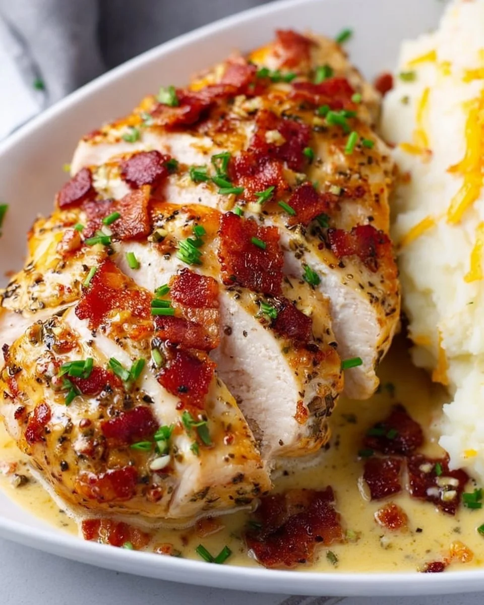 Delicious Bacon Ranch Chicken dish served on a plate with fresh herbs