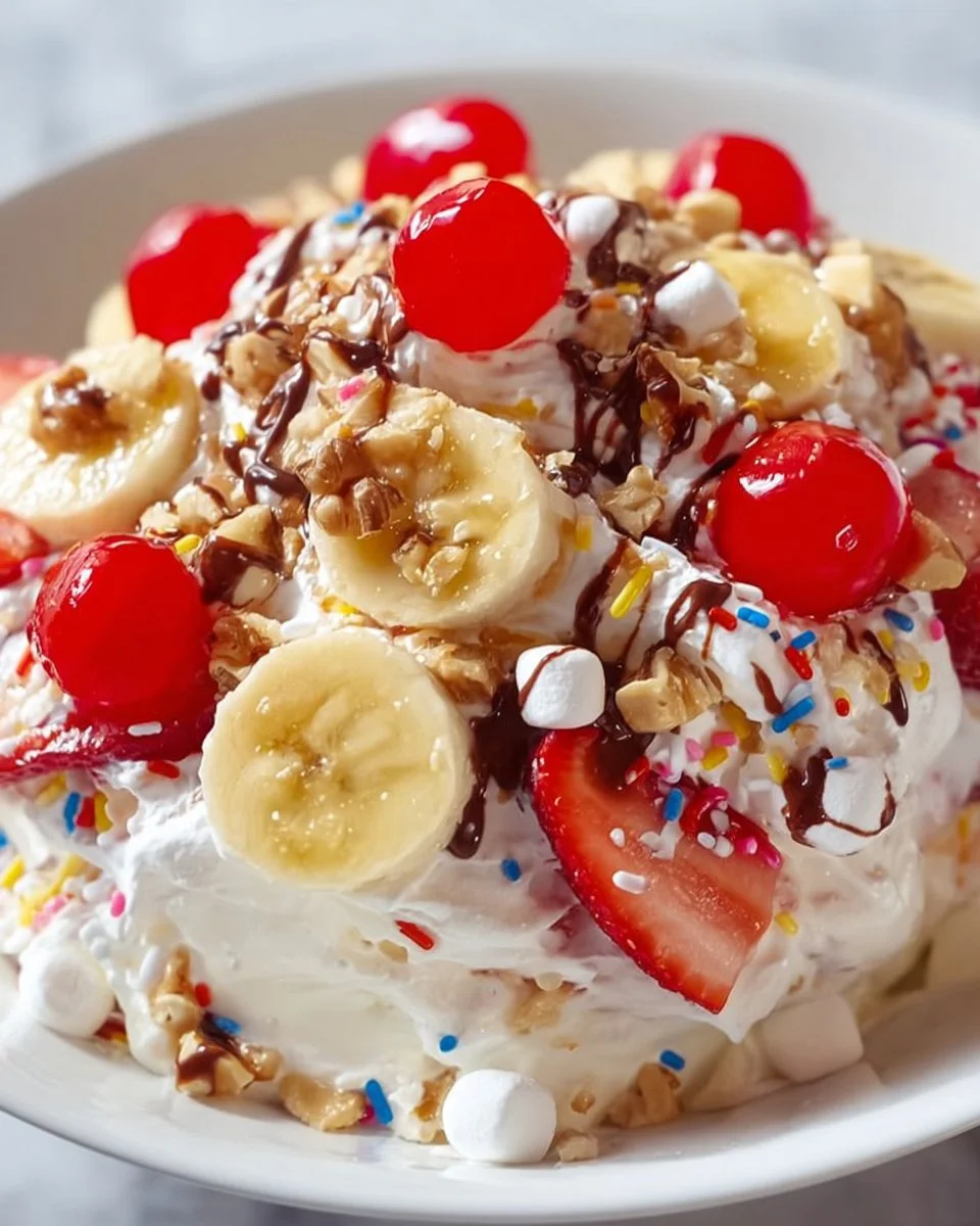Delicious banana split fluff salad with fruit and whipped cream