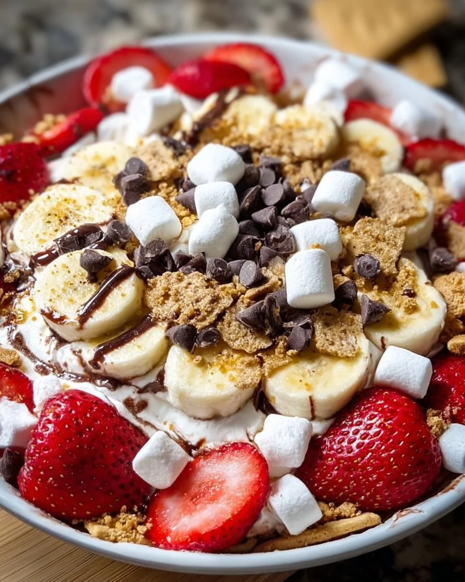 Delicious Banana Split S'mores Dip served with graham crackers