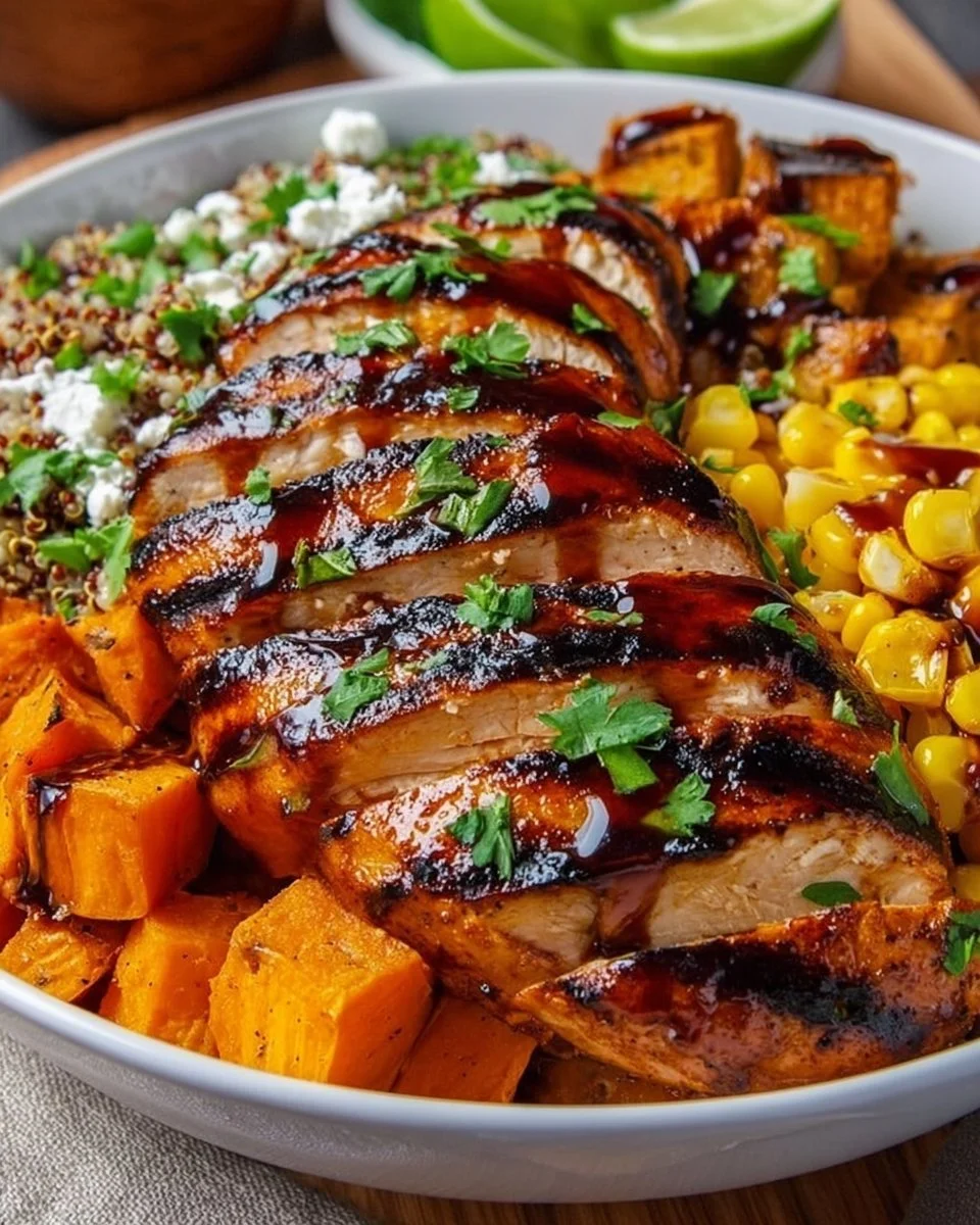 BBQ chicken and roasted sweet potato bowls in a vibrant dish