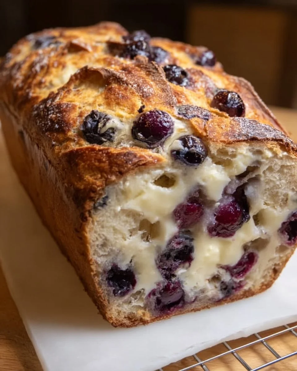 Freshly baked blueberry cream cheese sourdough loaf on a wooden table