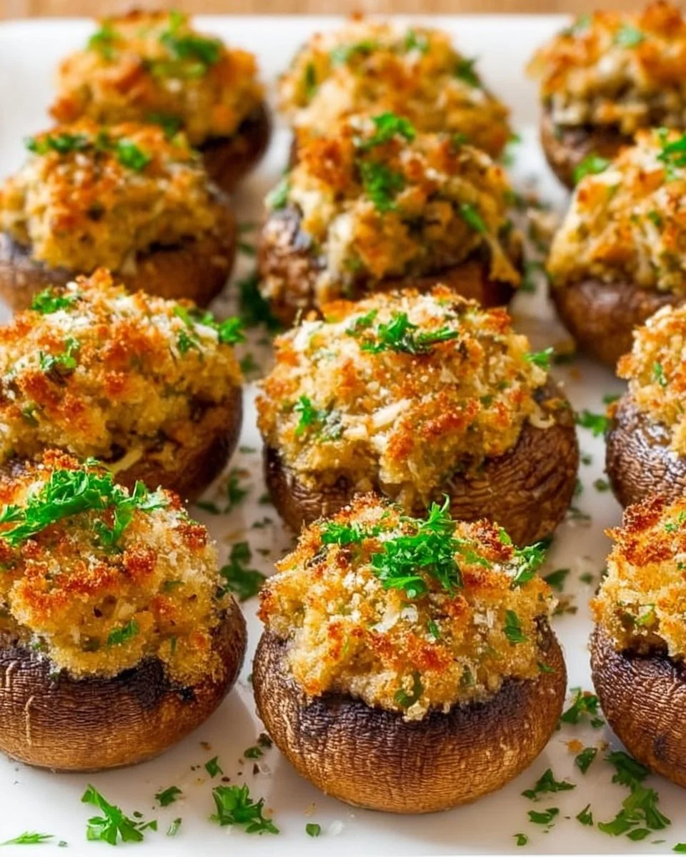 Cheesy stuffed mushrooms filled with herbs and melted cheese on a plate.