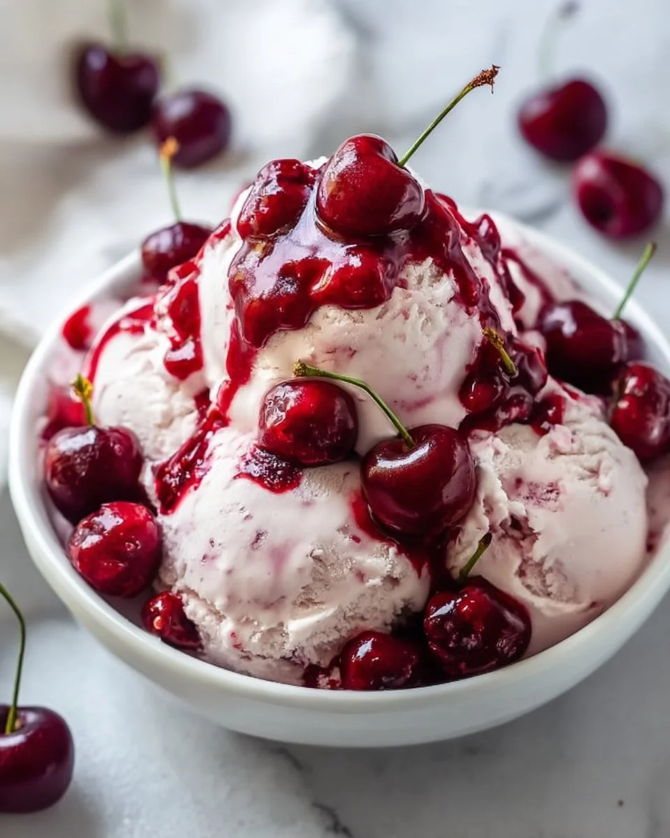 Delicious Cherry Greek frozen yogurt topped with fresh cherries