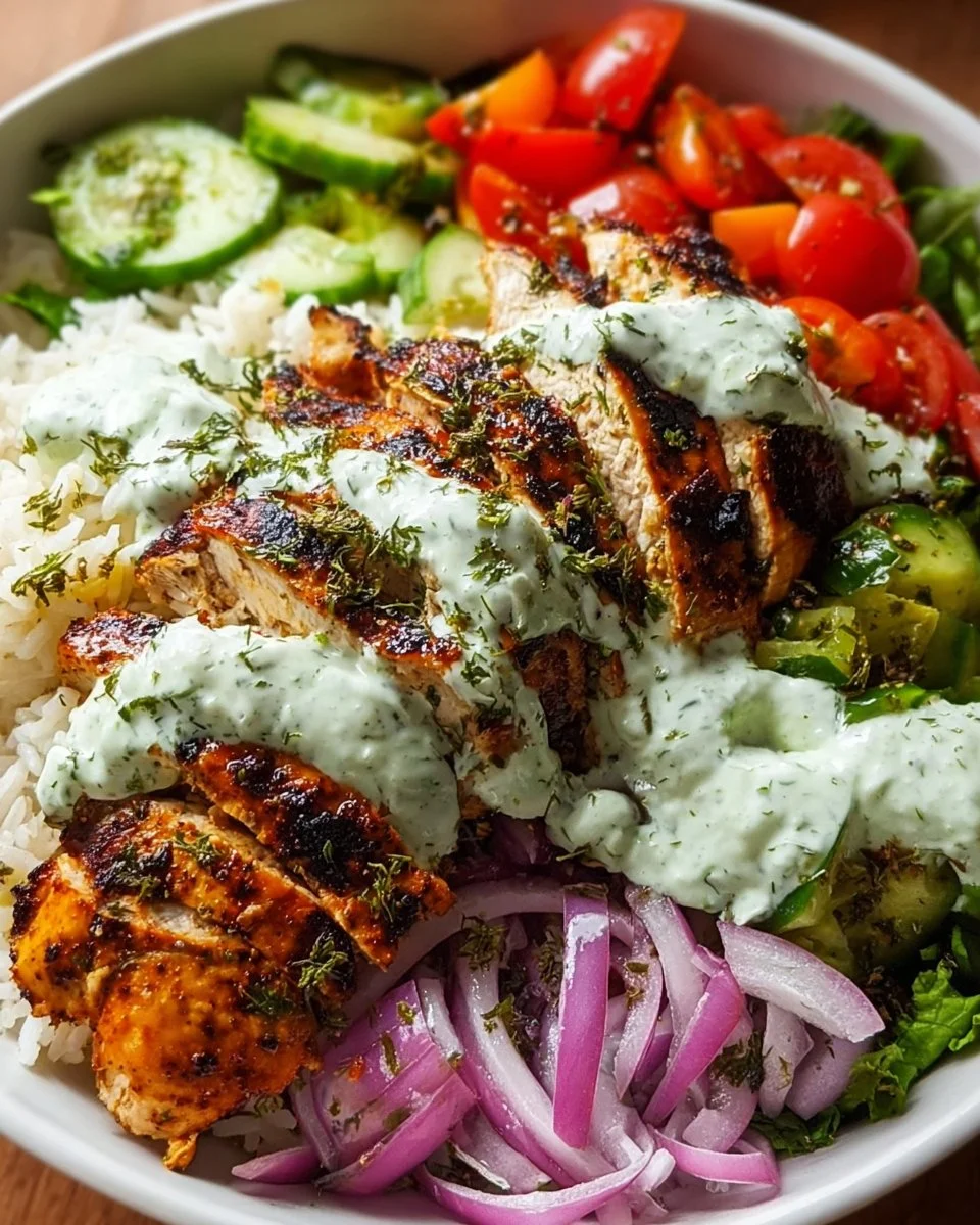 Delicious Chicken Tzatziki Bowl with fresh vegetables and herbs.