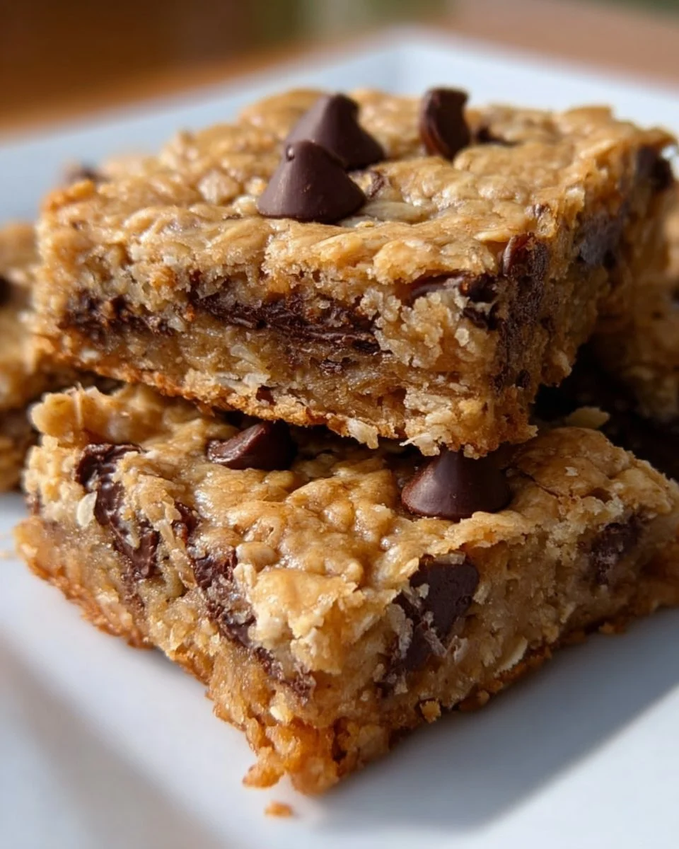 Homemade chocolate chip oatmeal bars displayed on a wooden table.