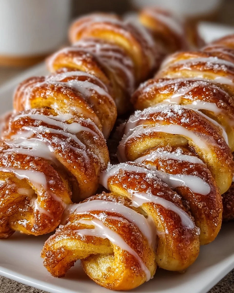 Delicious cinnamon roll bread twists topped with icing and cinnamon sugar