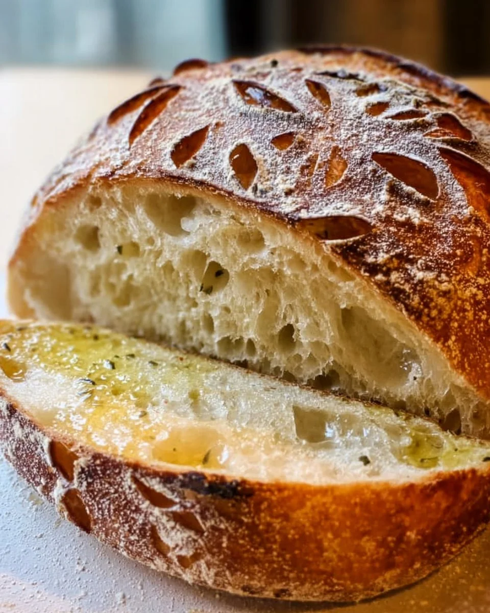 Loaf of classic artisan sourdough topped with olive oil and honey drizzled on top