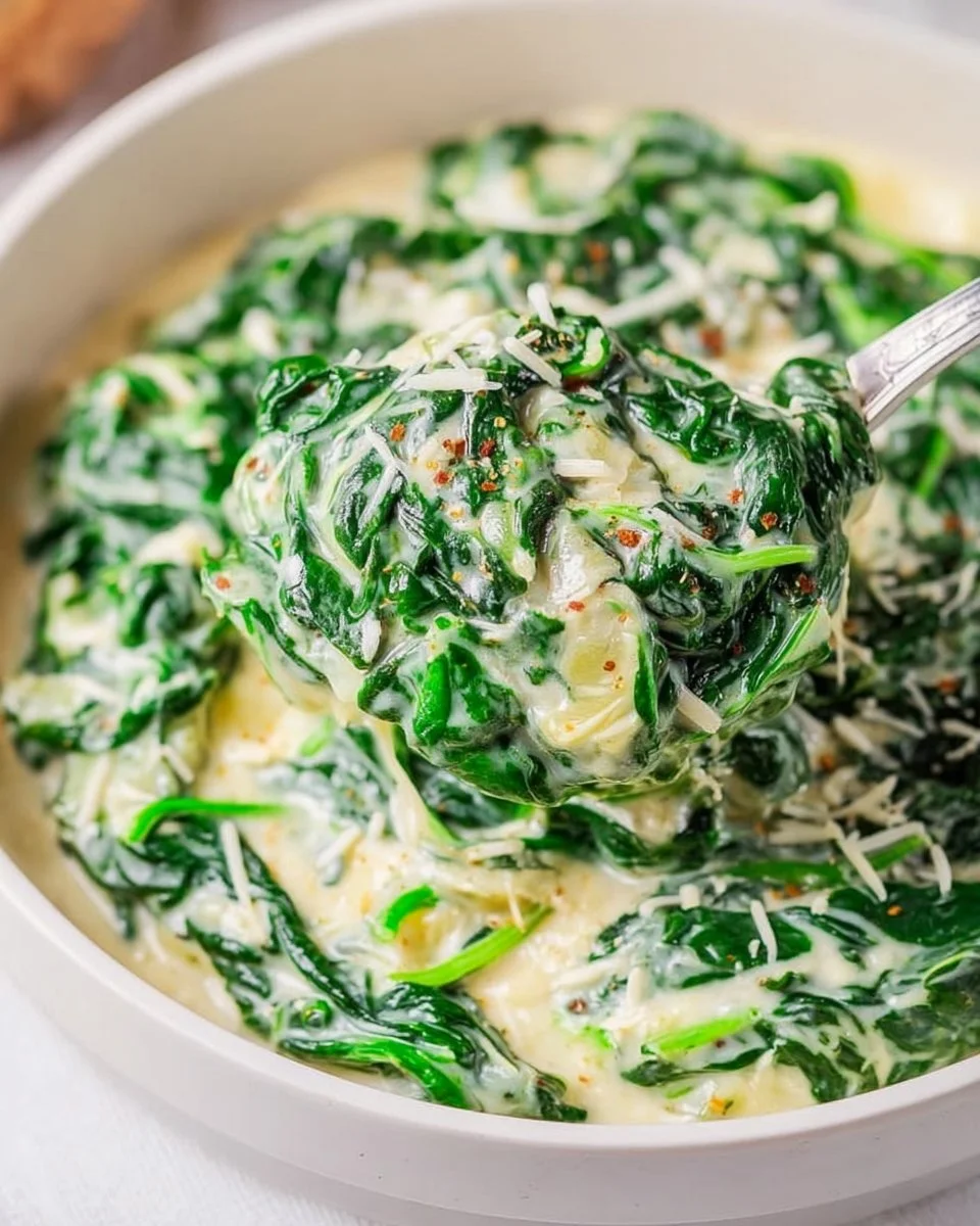 Delicious creamed spinach served in a bowl with a sprinkle of seasoning.