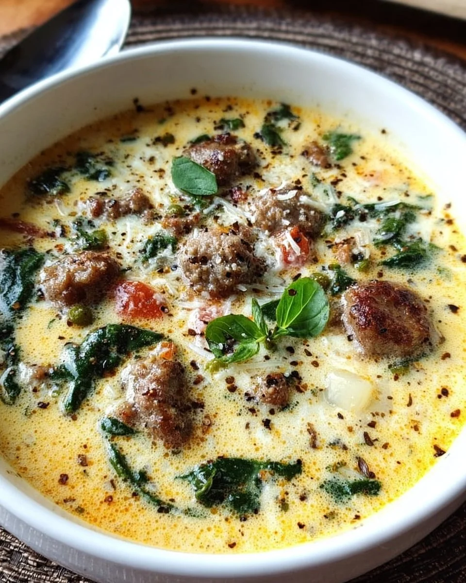 Bowl of creamy keto Italian sausage soup with vegetables and herbs