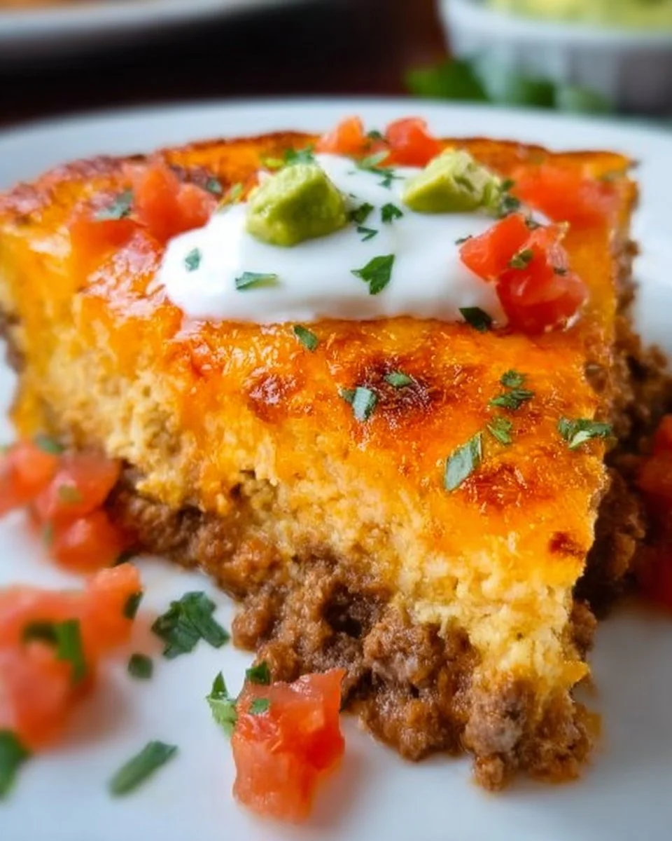 Crustless taco pie, a keto and gluten-free dish, topped with cheese and fresh toppings.