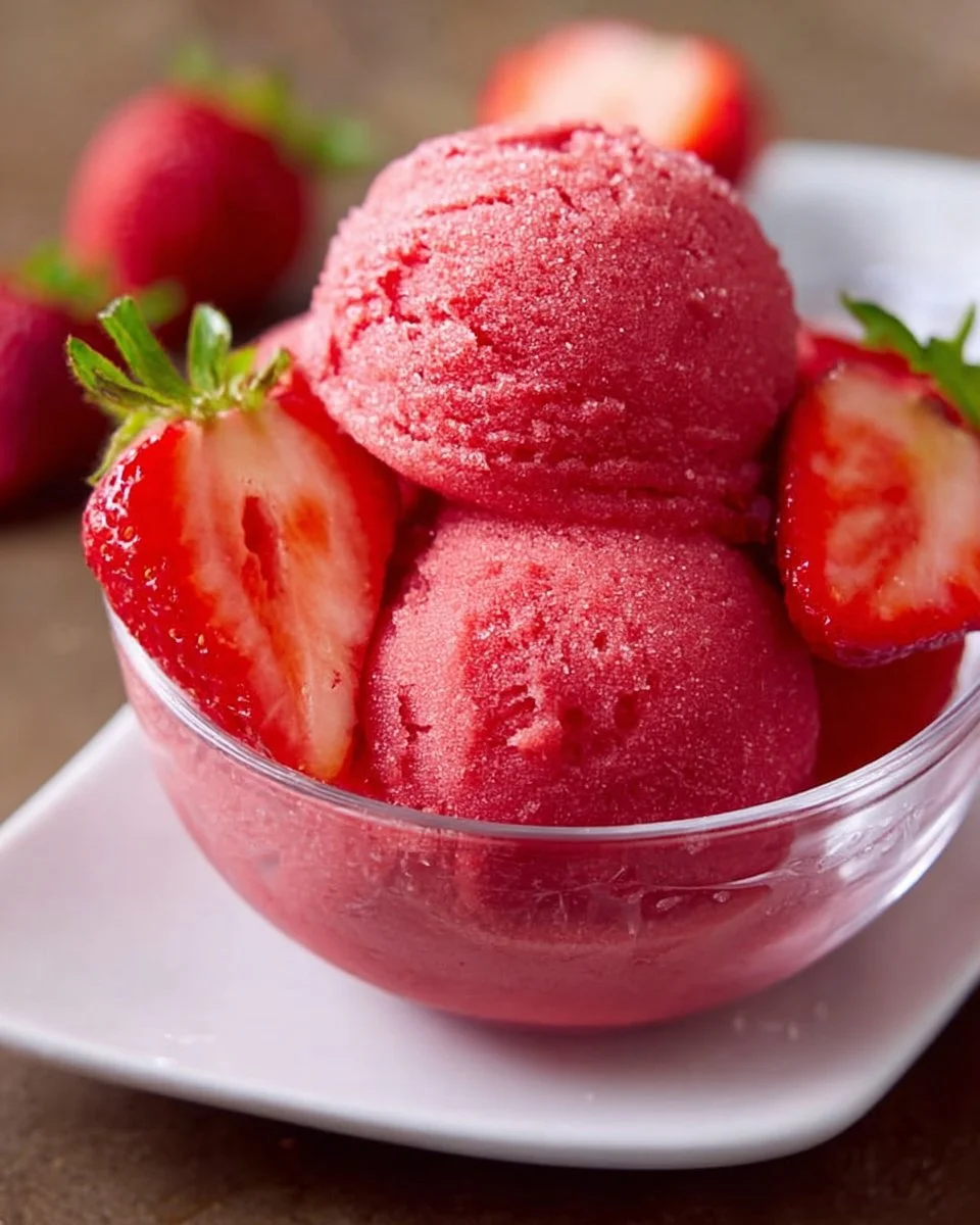 Bowl of easy 3-ingredient strawberry sorbet with fresh strawberries on top