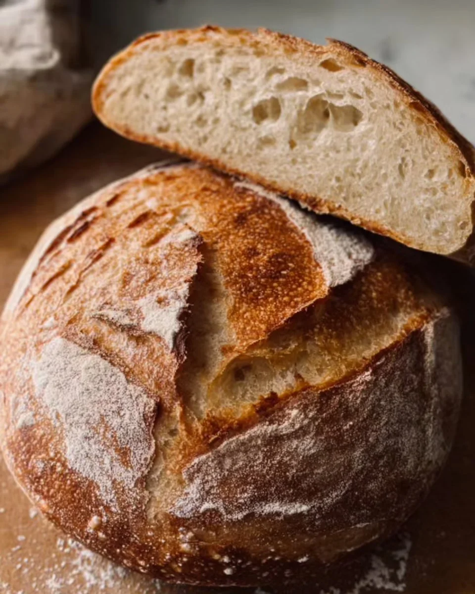 Homemade sourdough boule freshly baked on a wooden surface.