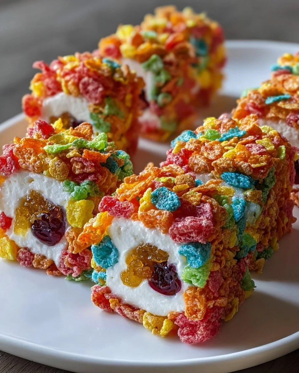 Colorful Fruity Pebbles Sushi rolled with vibrant cereal and sweet ingredients