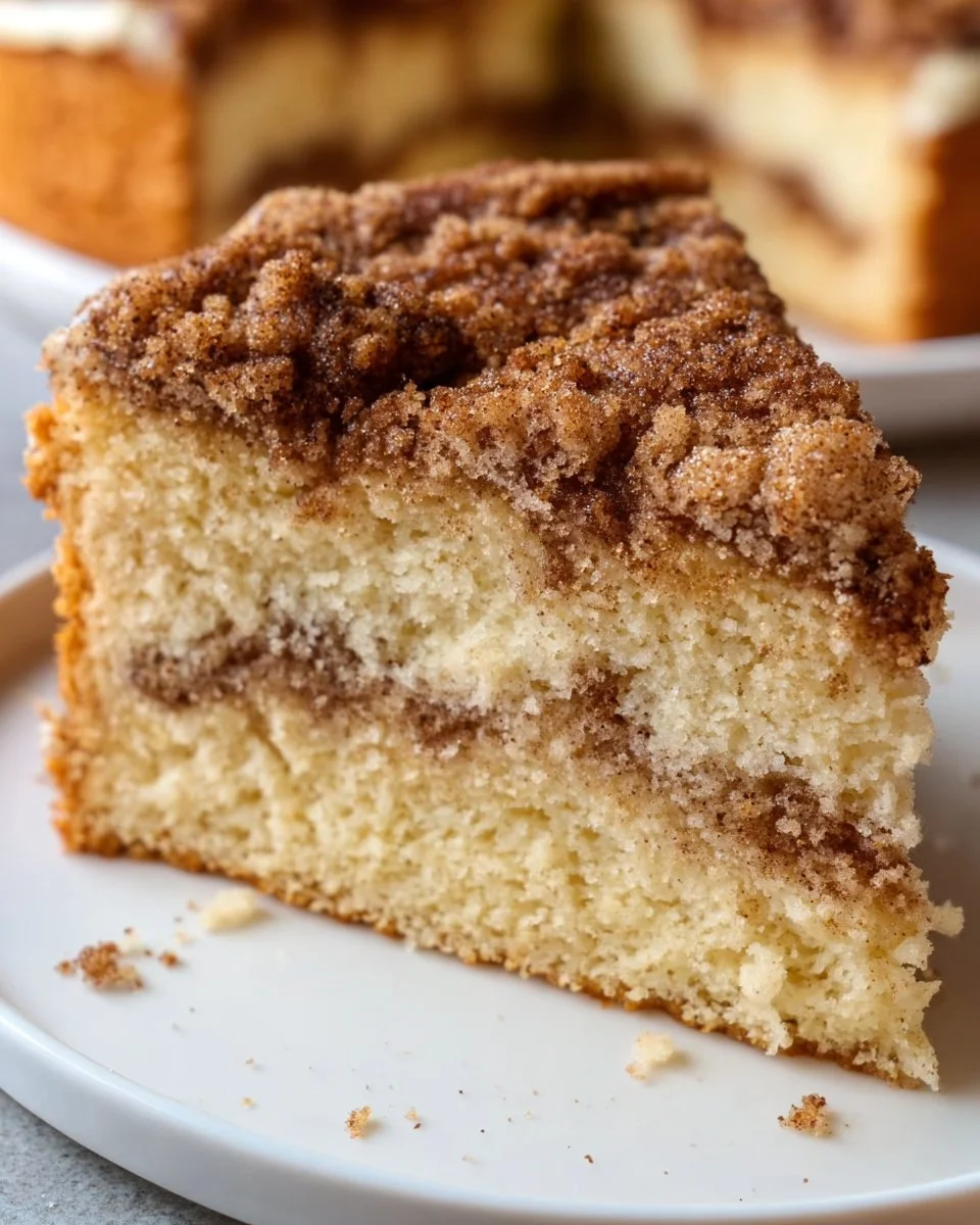 Slice of Grandma's Cinnamon Coffee Cake on a plate with a sprinkle of cinnamon
