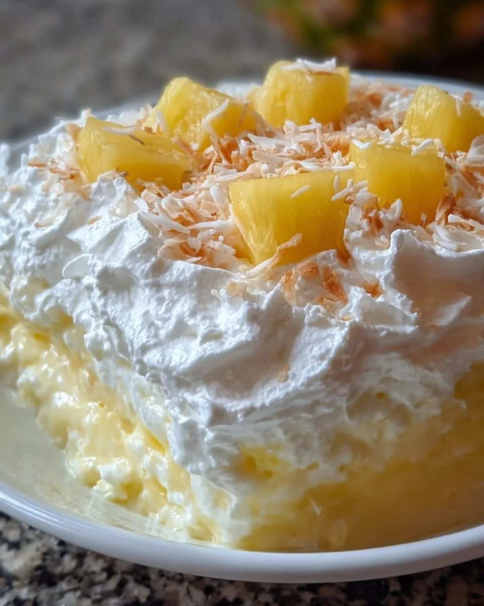 Hawaiian Pineapple Coconut Fluff dessert in a bowl with fresh pineapples and coconut.