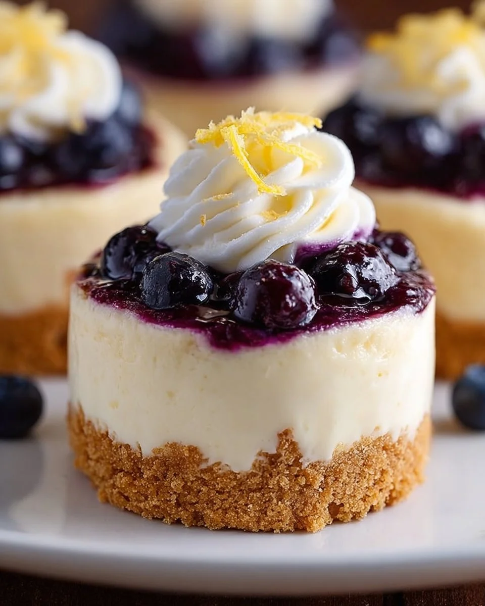 Healthy mini lemon blueberry cheesecakes topped with fresh blueberries.