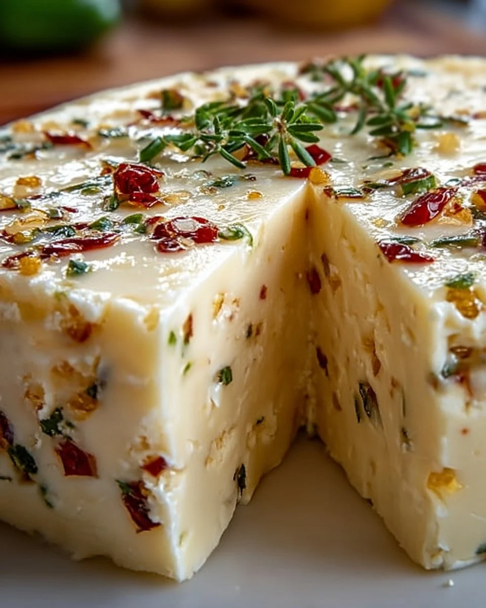Homemade pepper jack cheese on a wooden board with peppers and herbs.