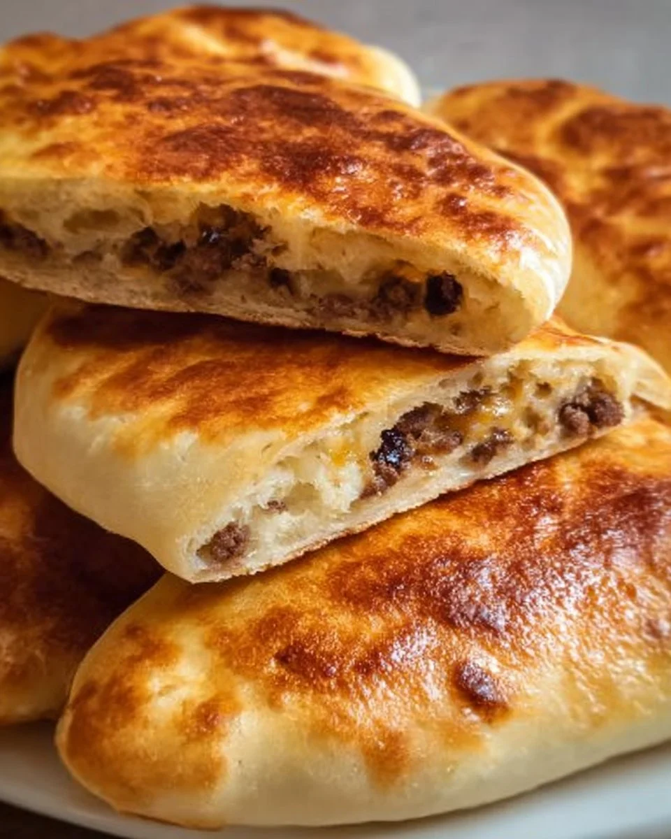 Homemade sourdough runzas filled with savory meat and vegetables