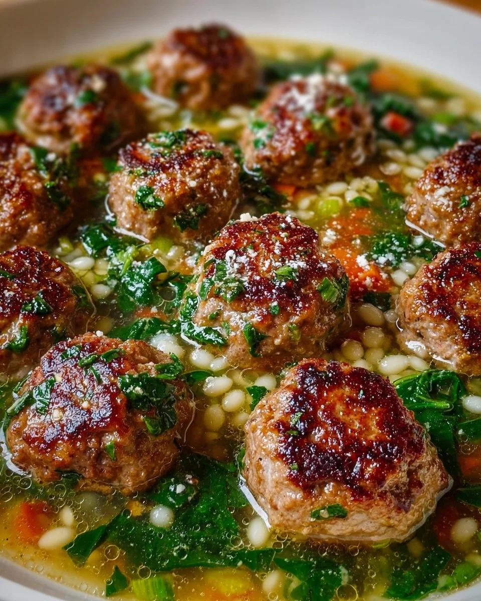 Bowl of Italian Meatball Wedding Soup with fresh ingredients and meatballs