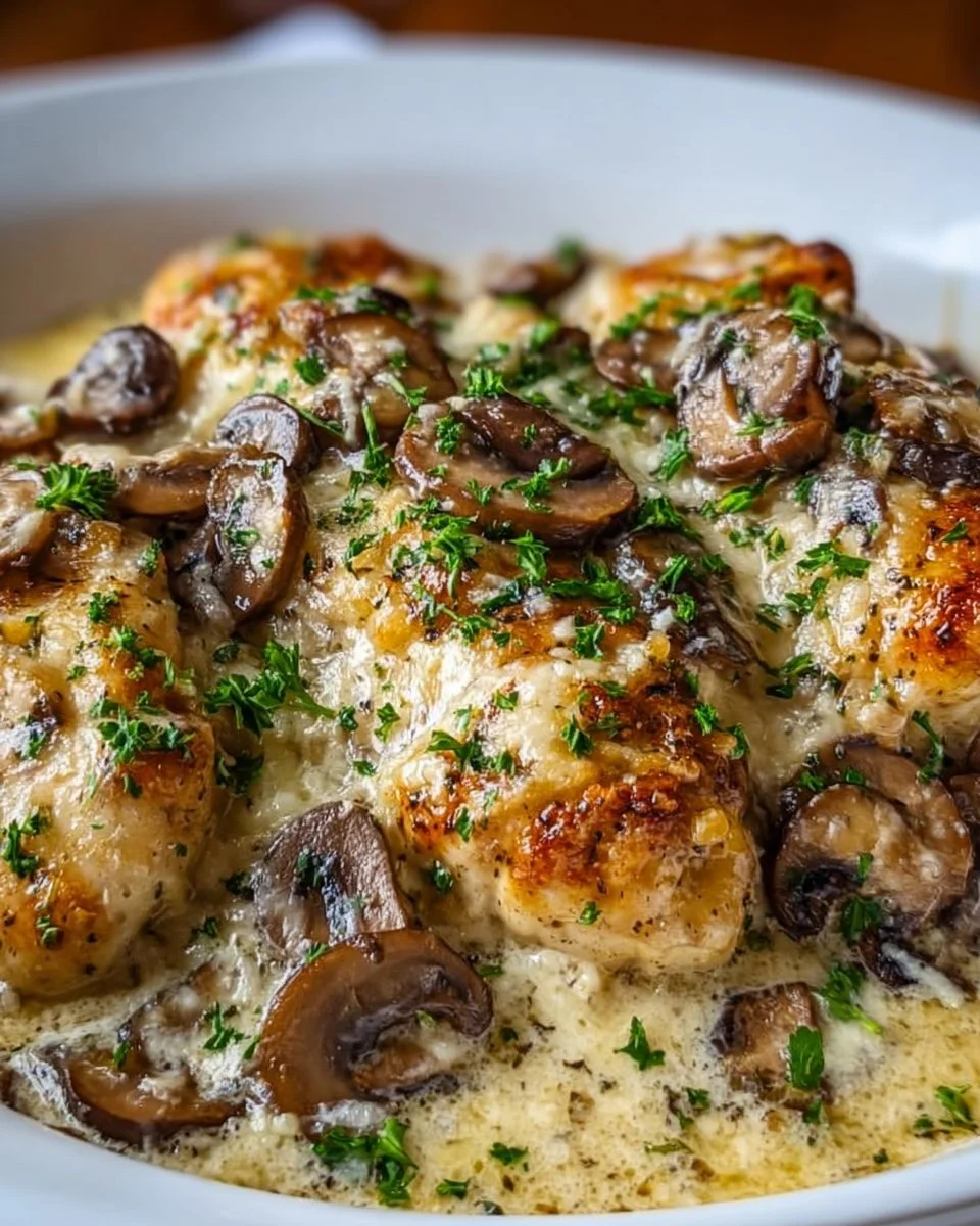 Keto Garlic Mushroom Chicken Casserole served in a baking dish