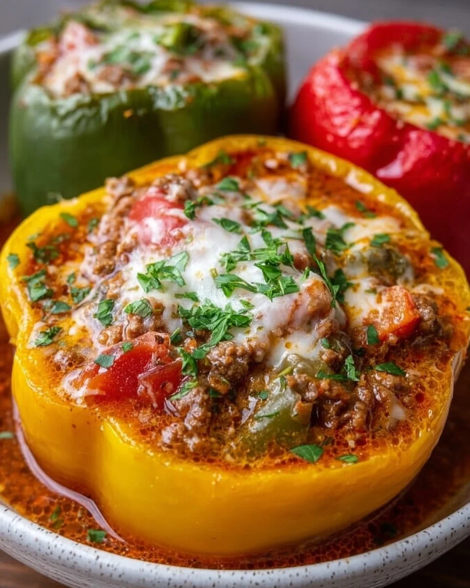 Delicious Keto Stuffed Pepper Soup in a bowl topped with fresh herbs.