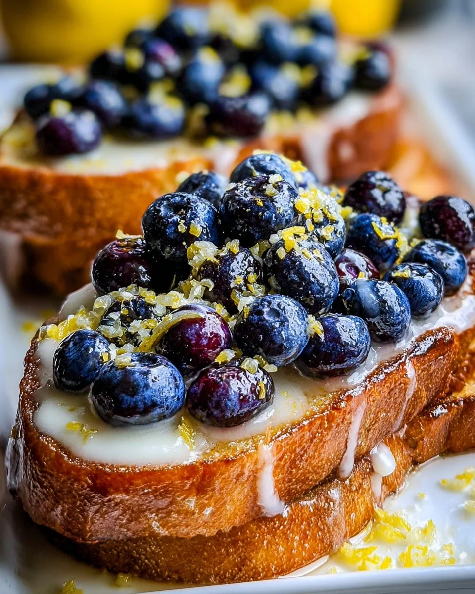 Delicious lemon blueberry sourdough toast topped with fresh blueberries