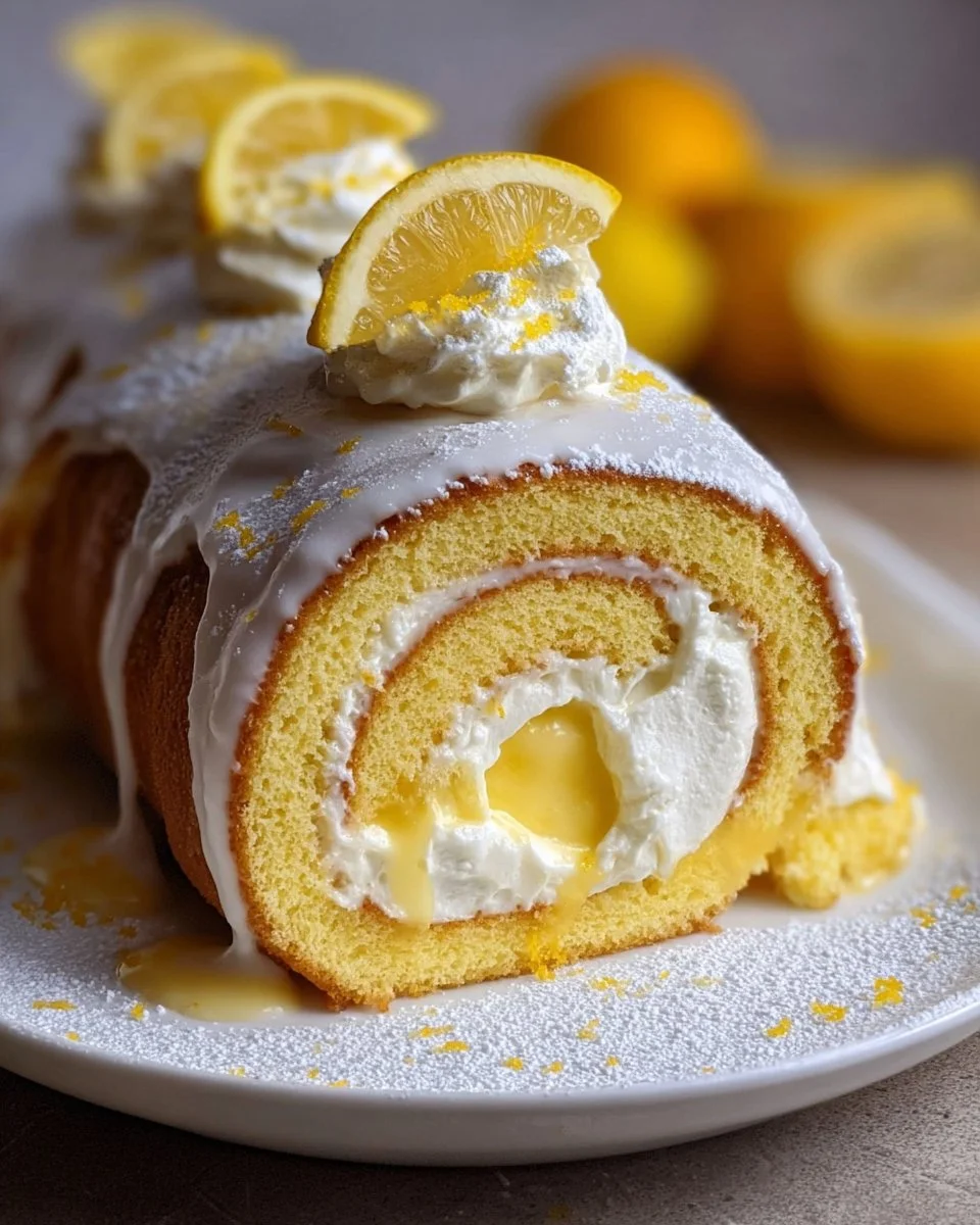 Lemon Cream Roll Cake with fluffy sponge and creamy lemon filling