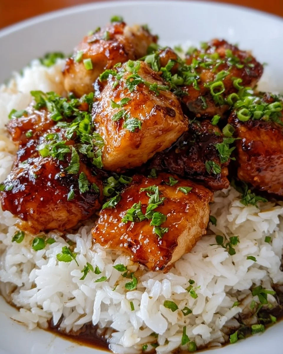 Maple Chicken served with creamy Coconut Rice in a beautiful dish.