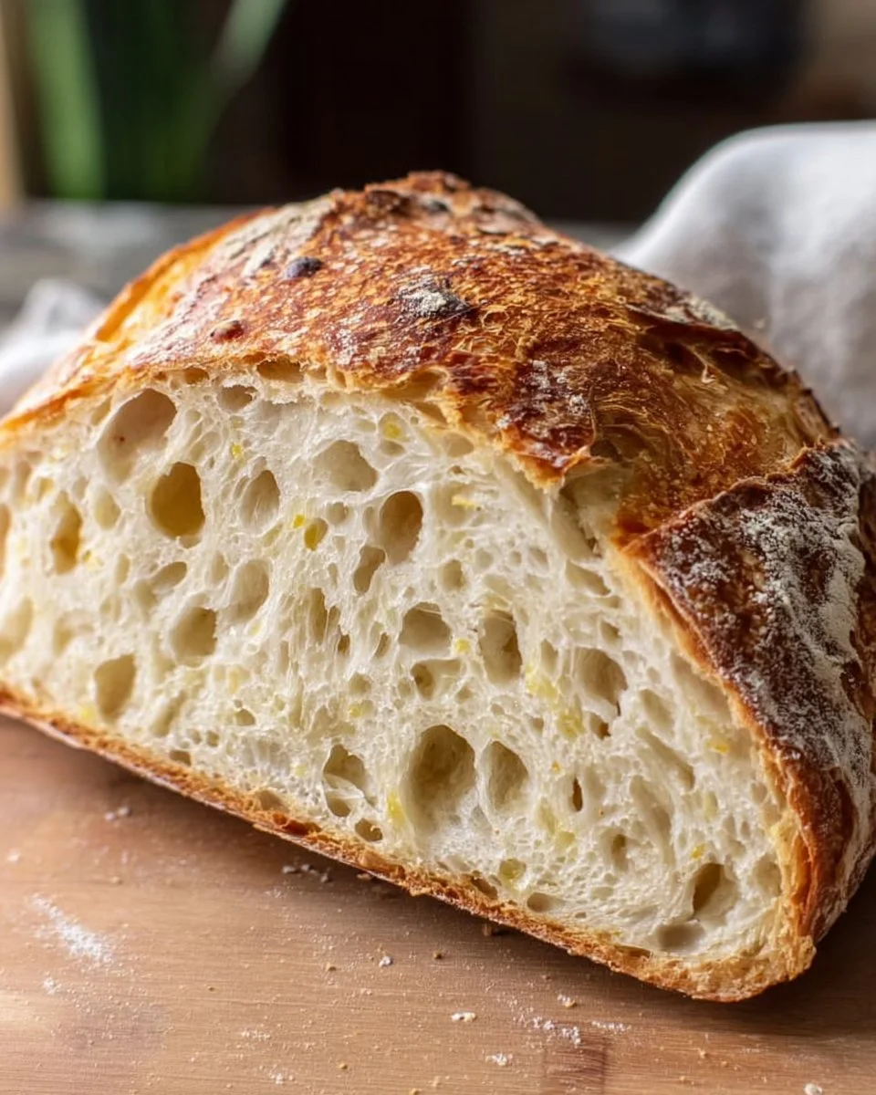 Freshly baked no-bulk-fermentation sourdough bread with golden crust