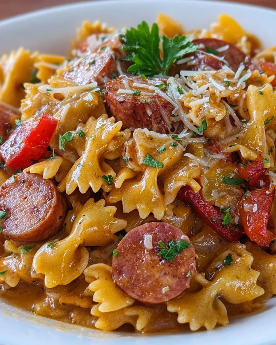 Delicious one pot smoked sausage pasta dish prepared with creamy sauce and vegetables