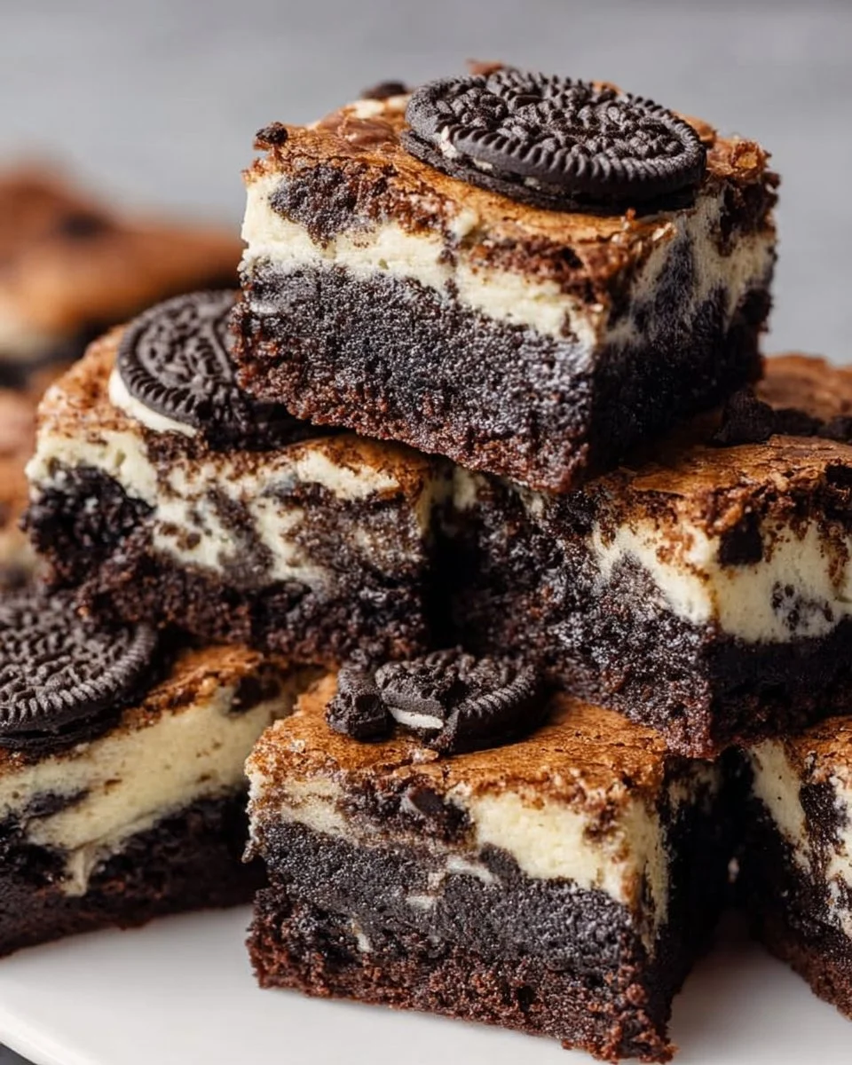 Oreo Brookies Bars with brownie and cookie layers topped with Oreos