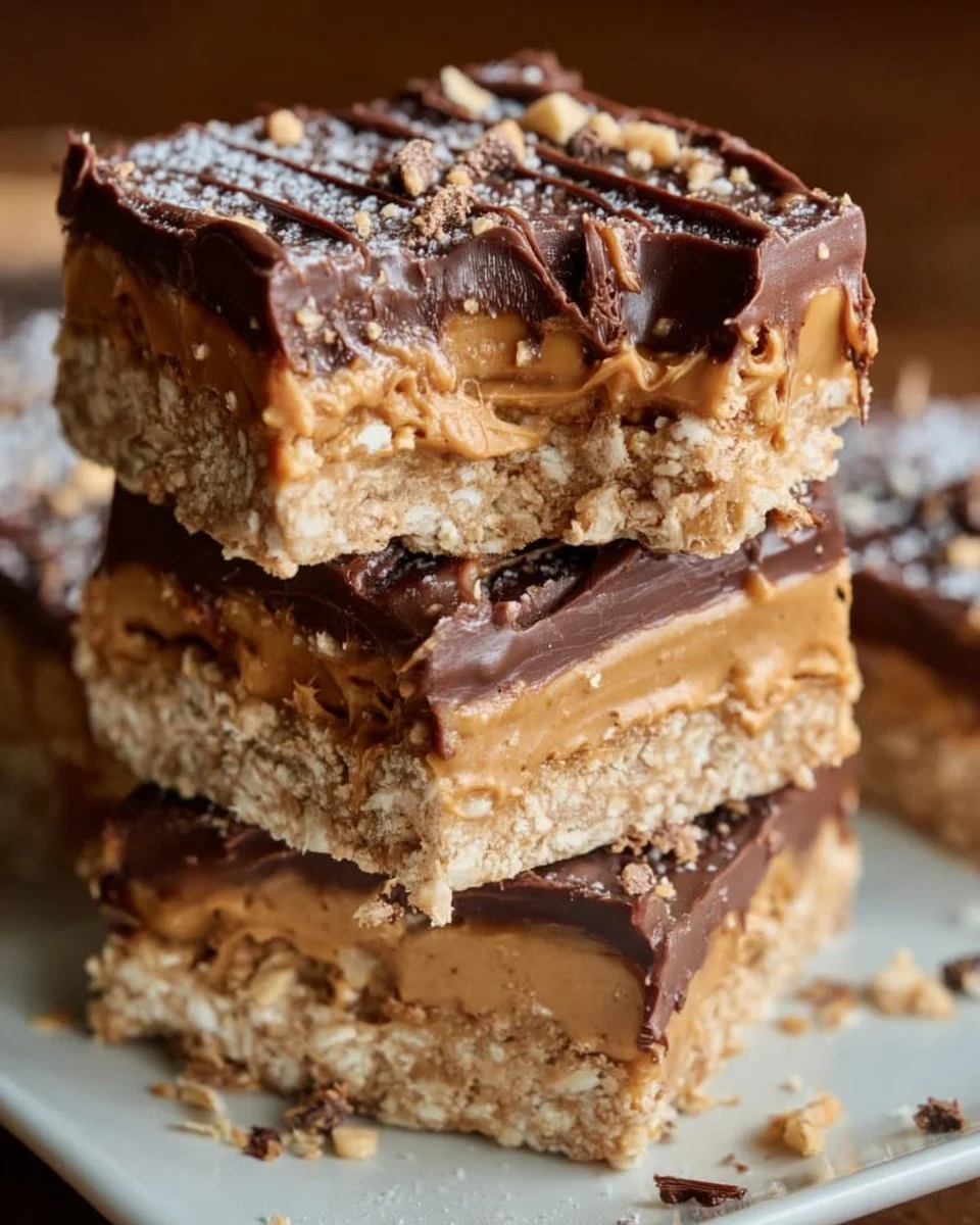 Delicious homemade Peanut Butter Sandwich Bars on a plate with a drizzle of chocolate.