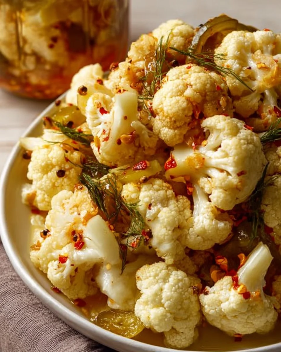 Jar of homemade pickled cauliflower with spices and herbs