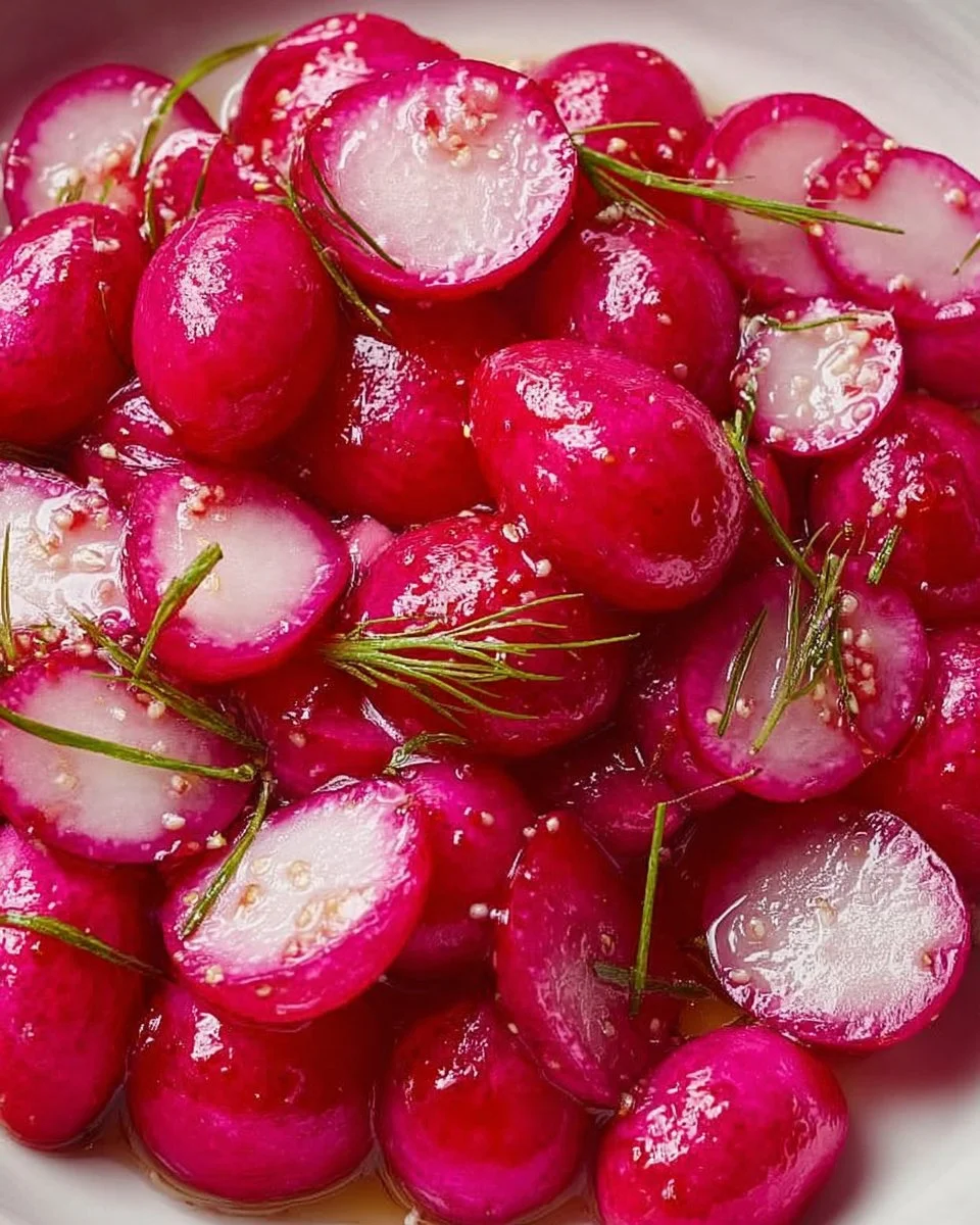 Colorful pickled radishes in a jar, ready to add flavor to dishes.