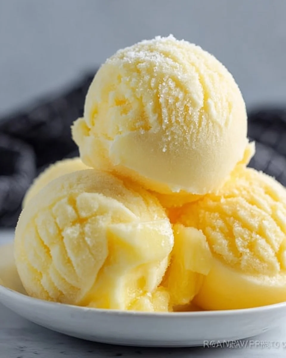 Delicious homemade pineapple sorbet served in a bowl with fresh pineapple slices