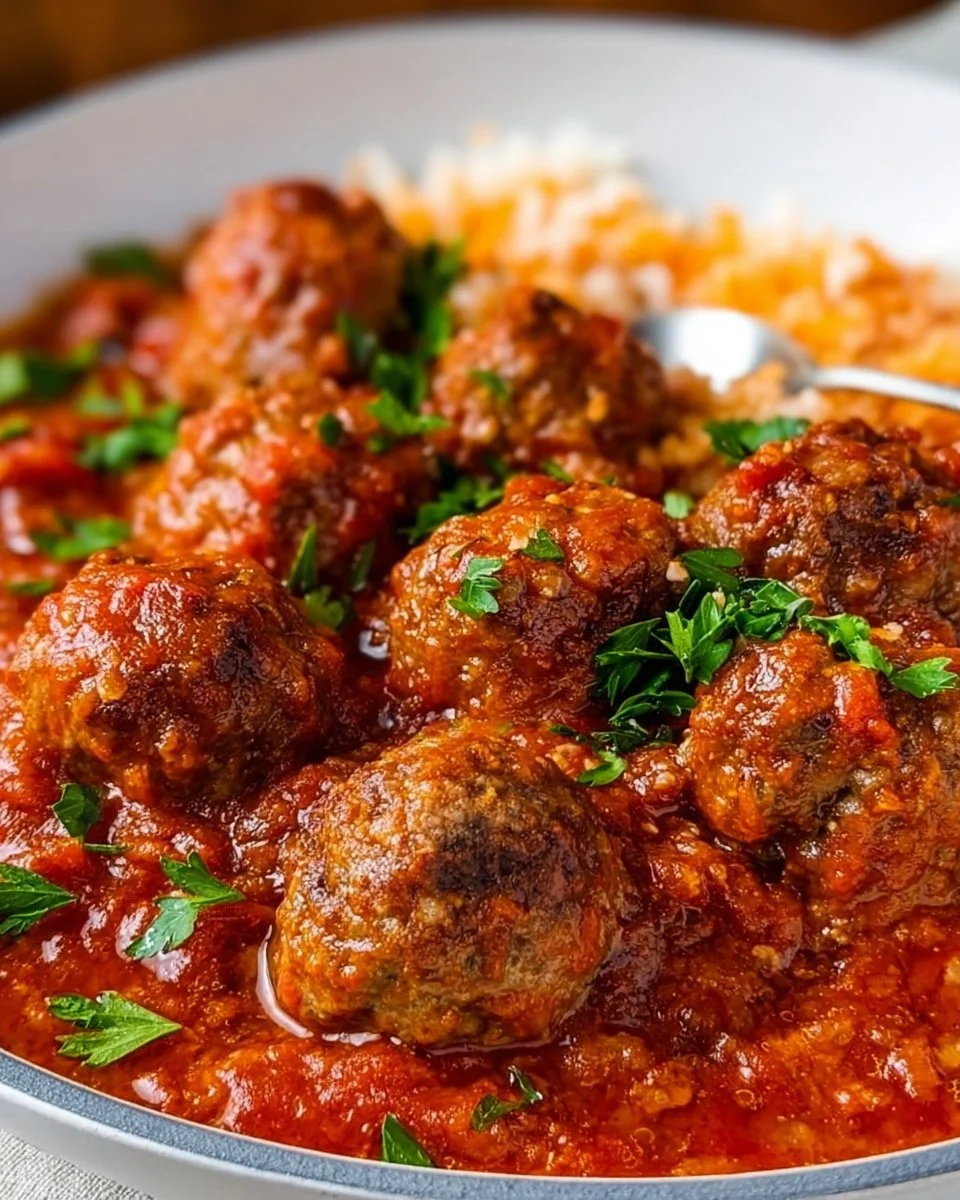 Homemade Porcupine Meatballs served on a plate with tomato sauce and herbs
