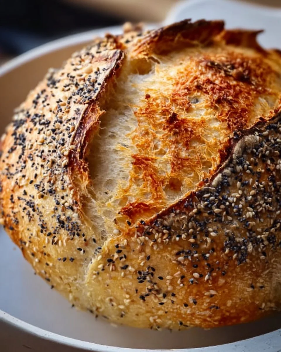 Same-day sourdough boule with everything seeds on a wooden cutting board