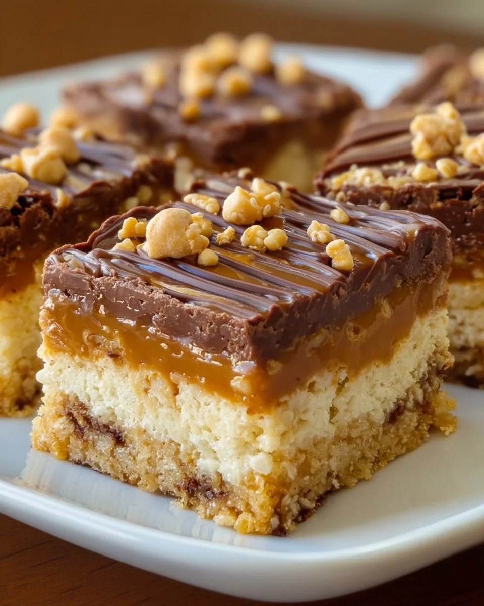 Delicious Scotcheroo Cheesecake Bars topped with chocolate and butterscotch drizzle