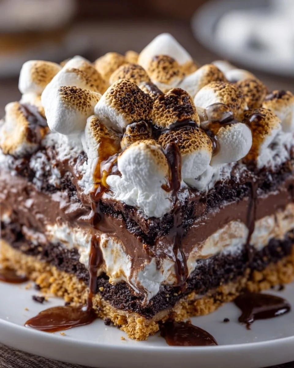 Delicious S'mores Lasagna dessert, showcasing layers of chocolate, marshmallows, and graham crackers.
