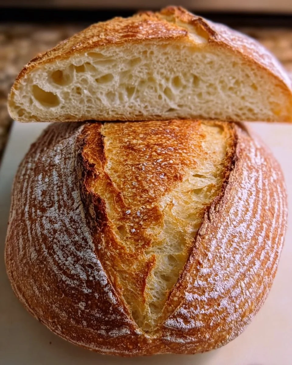 Golden crust on a soft sourdough loaf fresh out of the oven