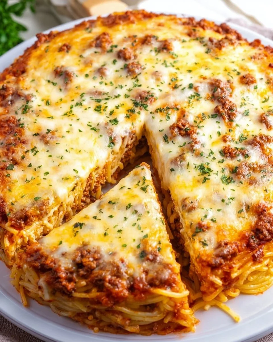 Delicious homemade Spaghetti Pie served on a plate with cheese and herbs.