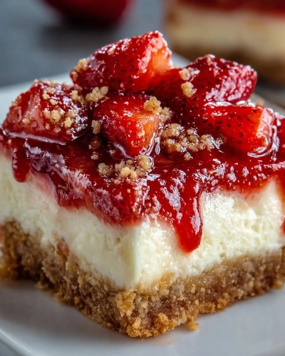 Delicious strawberry cheesecake bars topped with fresh strawberries and creamy filling