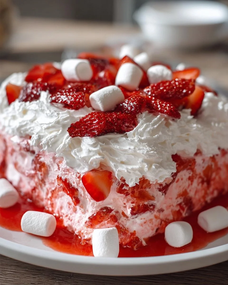 Bowl of creamy Strawberry Fluff Salad garnished with fresh strawberries